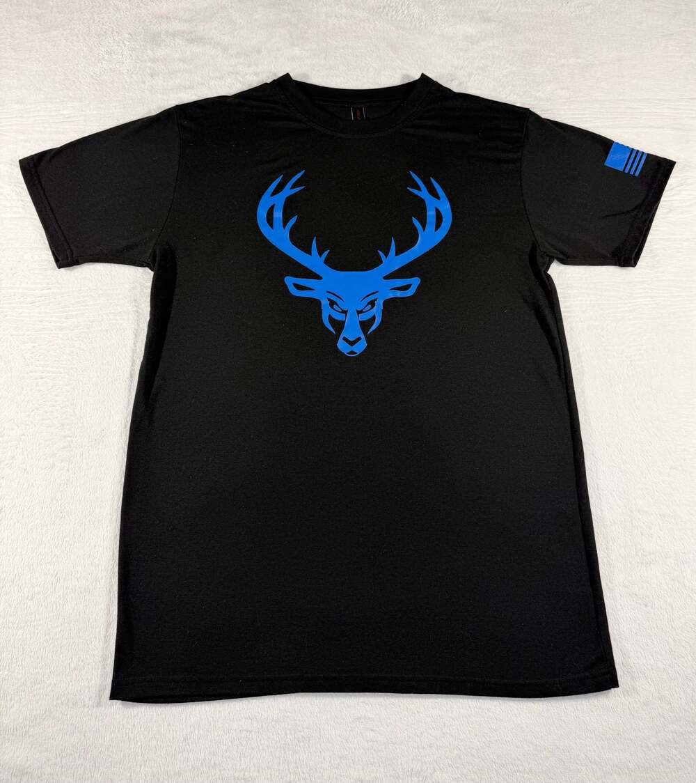 Bucked Up Men's Flag T-Shirt Black with Blue Deer Logo, M
